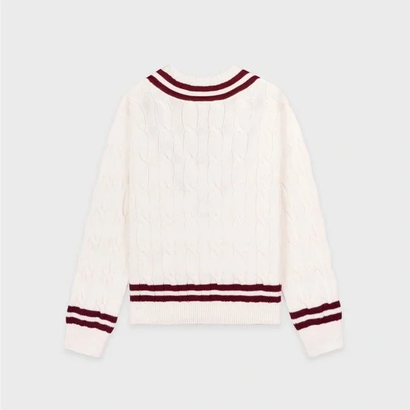 Sporty and rich Women's V-Neck Cable Knit Sweater - White and Red - Picture 4 of 12